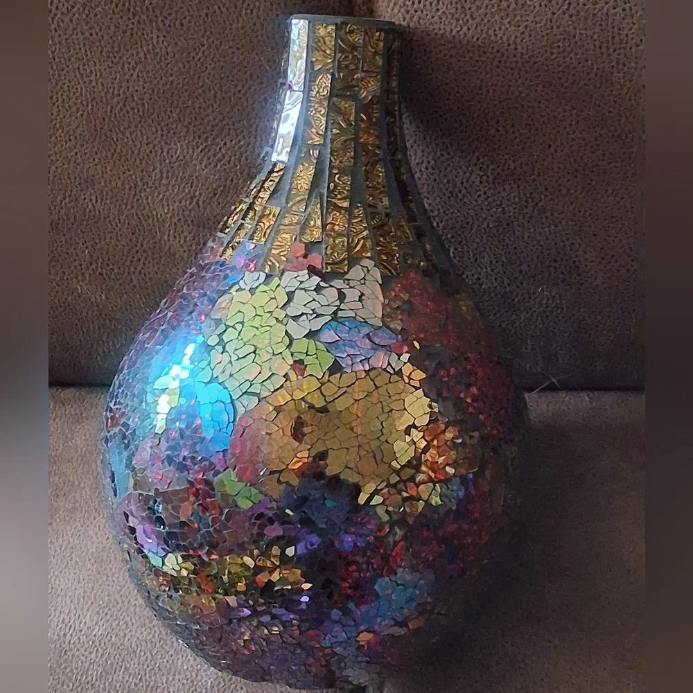Iridescent Aurora Borealis Mosaic Vase Burgundy, Gold, Blue, Purple